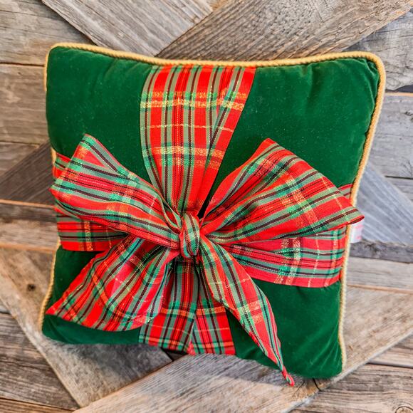 Green Velvet Christmas Gift Holiday Throw Pillow w/ Red Plaid Bow and Gold Trim - Picture 2 of 5